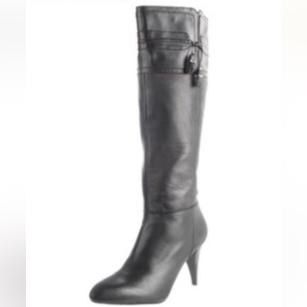 Adrienne Vittadini Shauna Heeled Boots Black Smooth Leather Tassel Sz 9.5